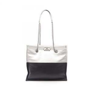 Chanel Boy Tote Bag Handbag Leather Women's Silver/Black